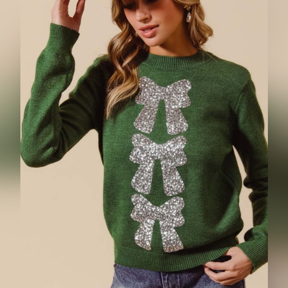 SO ME Sequins Bow Ribbon Embellished Christmas Sweater
